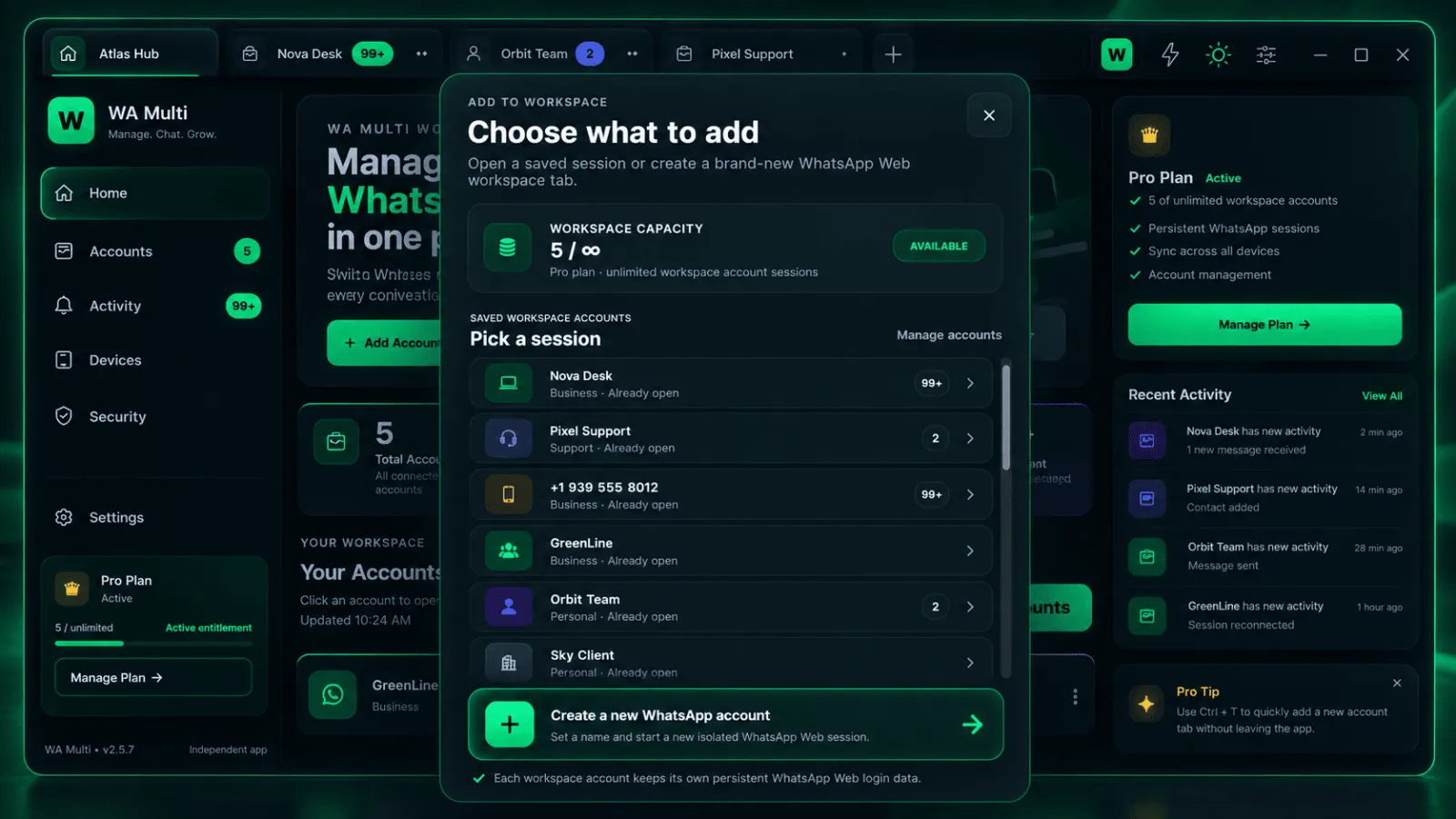WA Multi account management screenshot