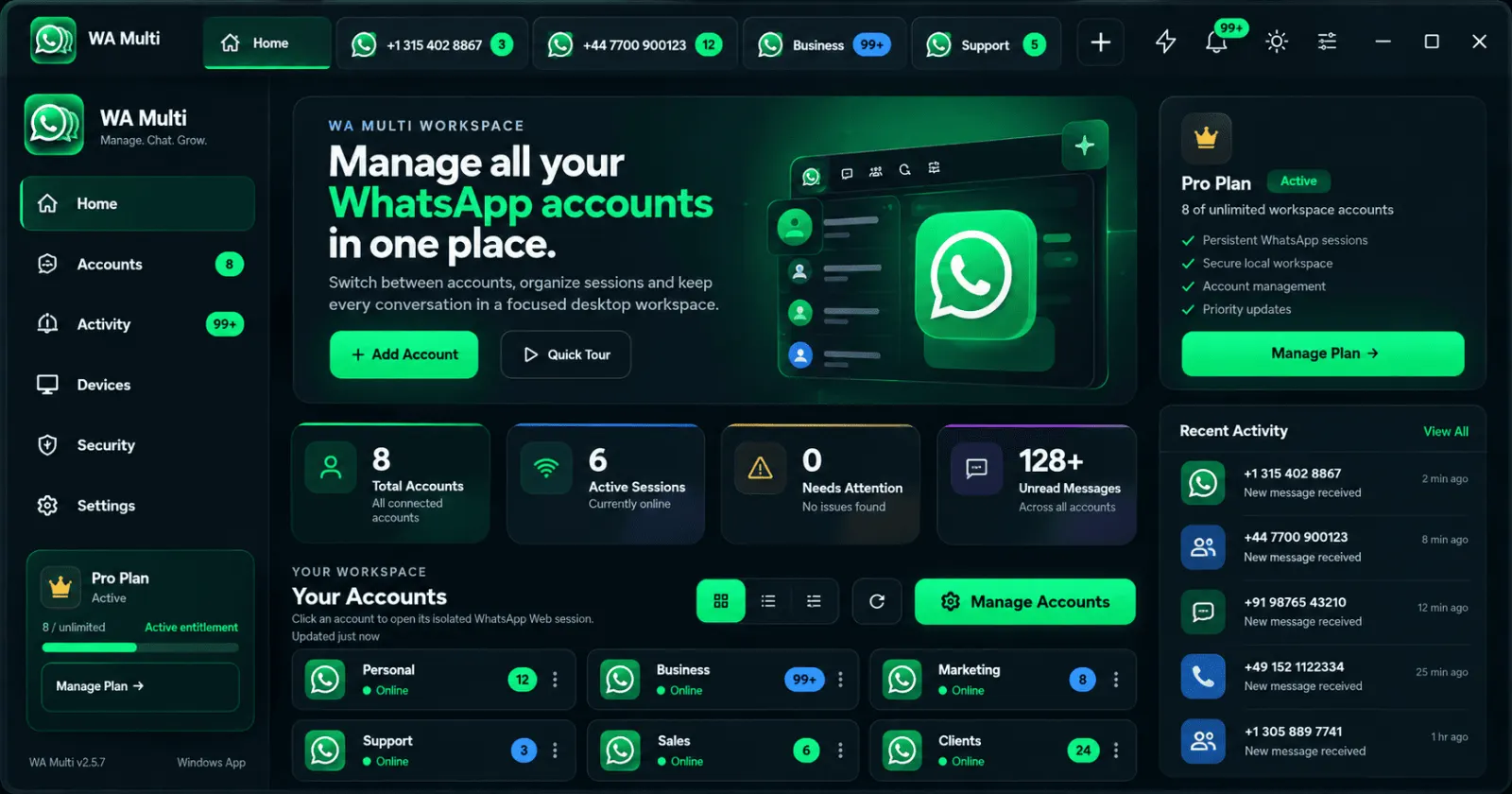 WA Multi Windows app managing multiple WhatsApp accounts