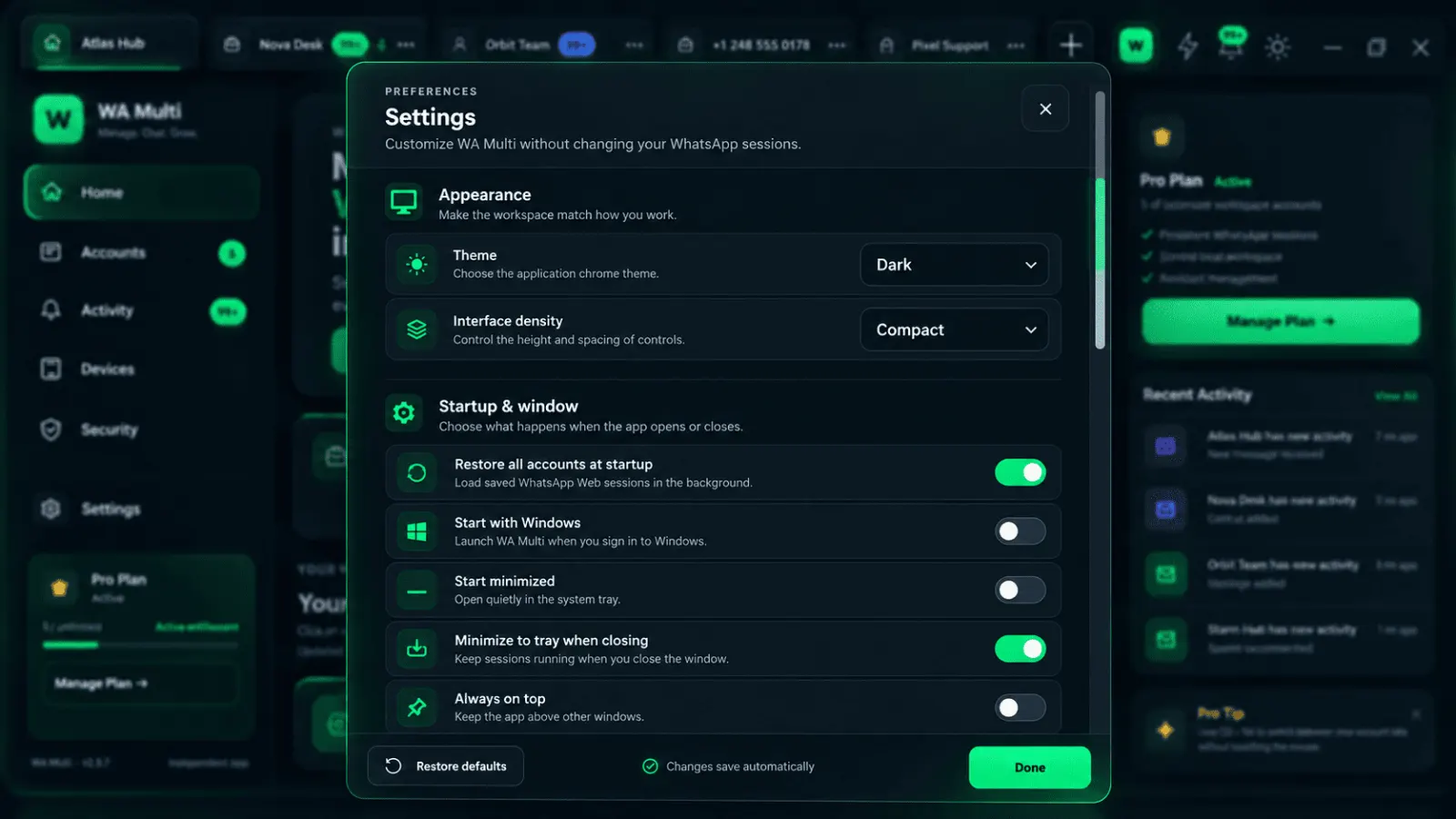 WA Multi settings screenshot